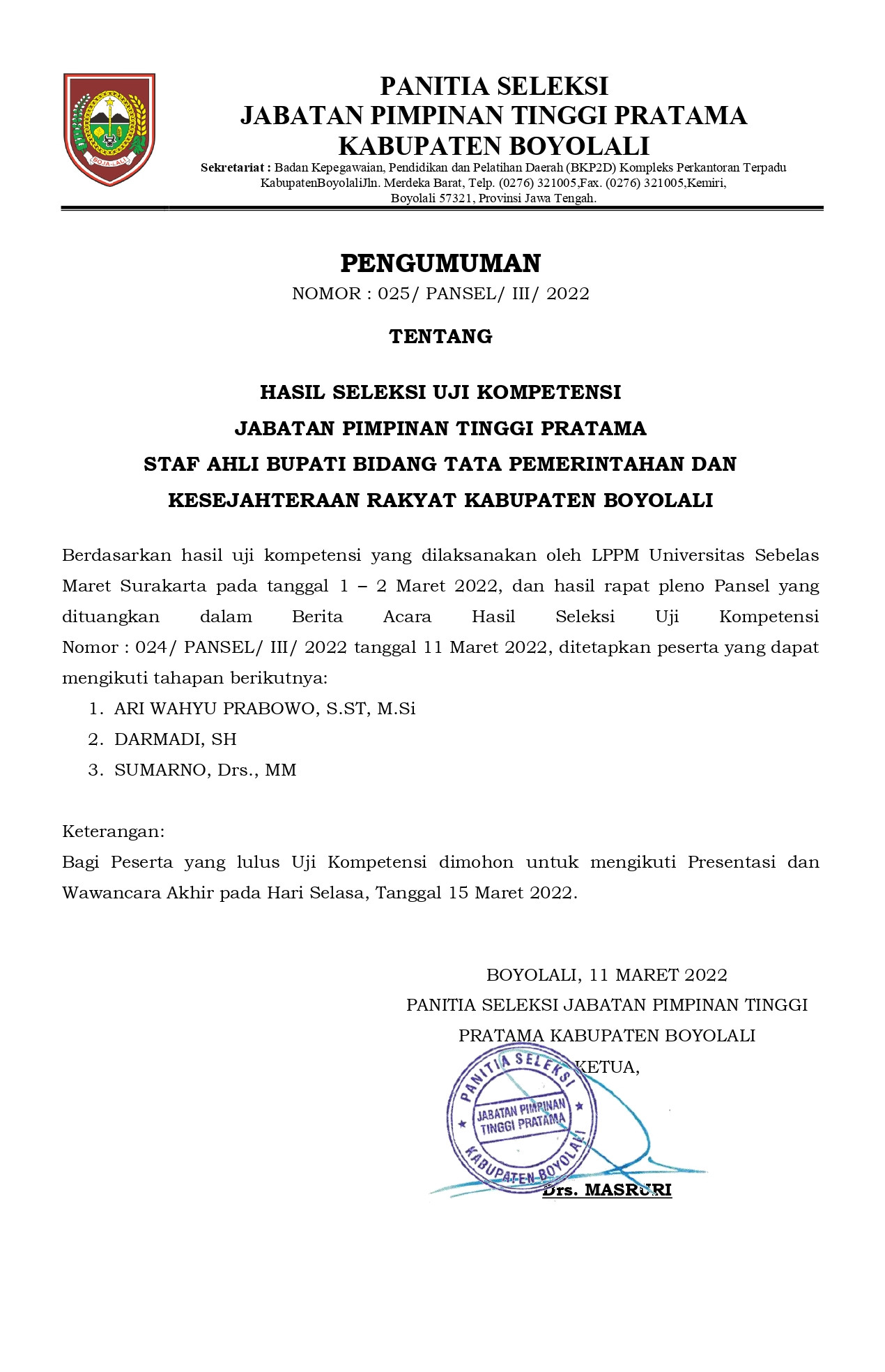 Pengumuman Hasil Seleksi Uji Kompetensi JPT Pratama Tahun 2022